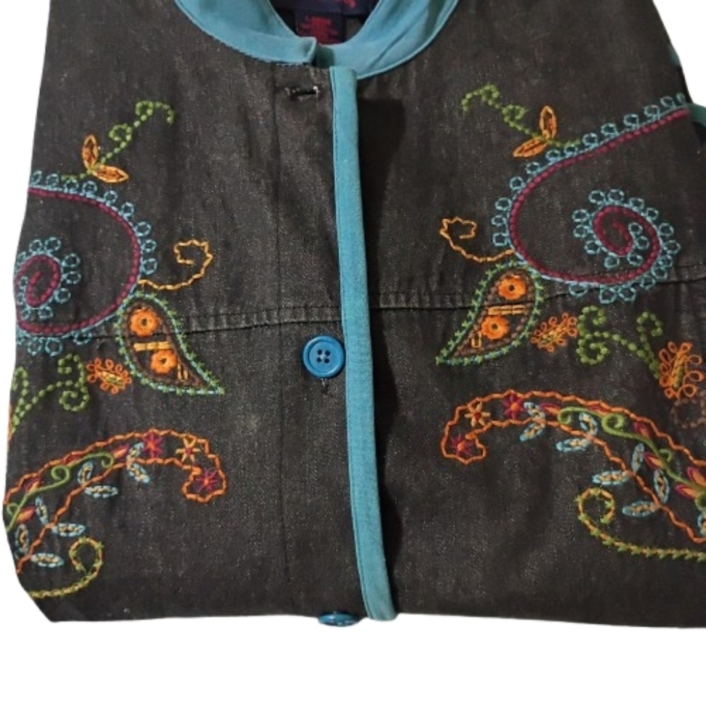 Denim & Co Floral Paisley Embroidered Artisian Inspire Vtg Jean Jacket Lge Boho - Picture 6 of 16